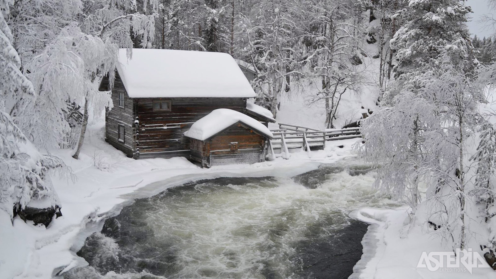 In het Oulanka Nationaal Park maak je  een sneeuwschoenwandeling langs de Kitka-rivier
