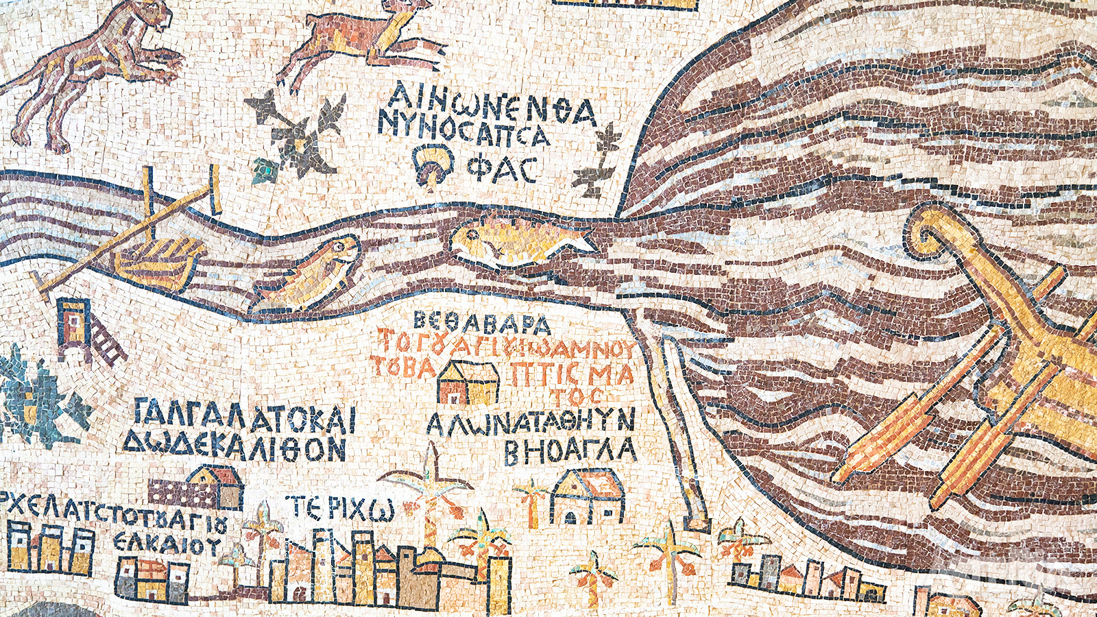 De kaart van Palestina in Madaba, een onschatbare Byzantijnse mozaïek uit de 6e eeuw die een uniek beeld geeft van het Heilige Land