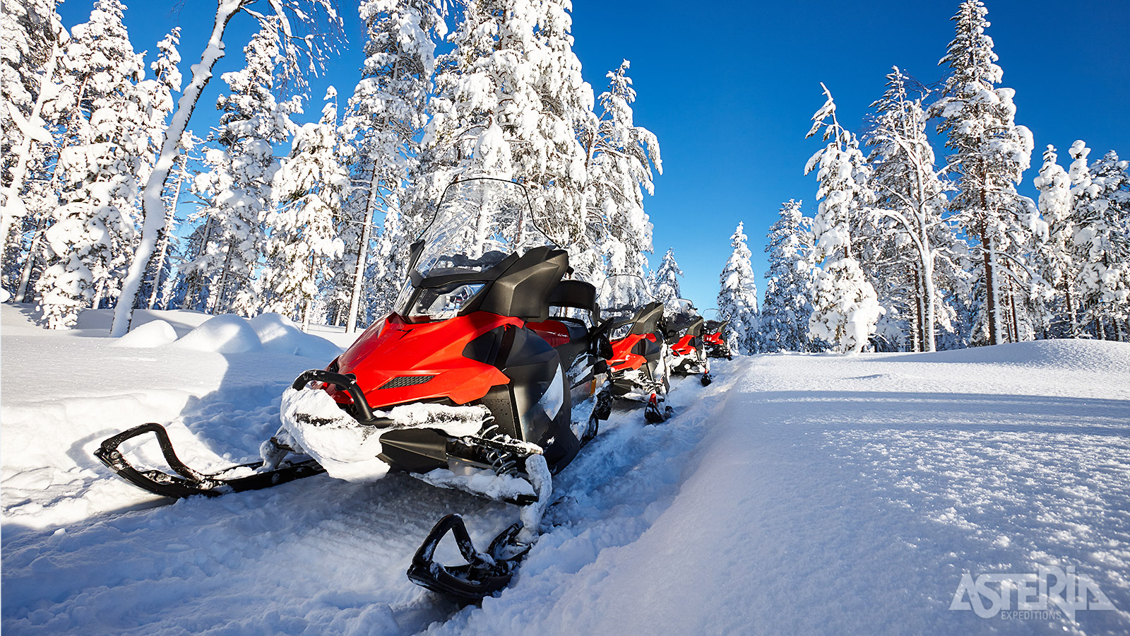 De sneeuwscooters staan klaar voor een adembenemende tocht in de Finse natuur